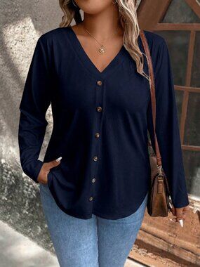 Solid Button Front Tee 1X